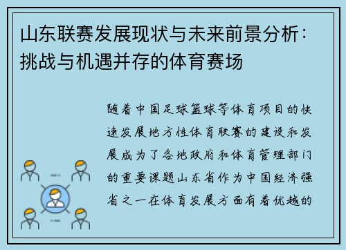 山东联赛发展现状与未来前景分析：挑战与机遇并存的体育赛场