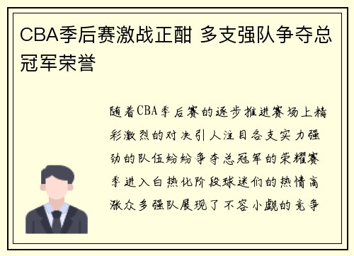 CBA季后赛激战正酣 多支强队争夺总冠军荣誉